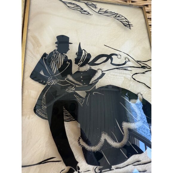 Vintage 40's Convex Glass Reverse Painted Victorian Couple Winter Scene Pictures - Picture 5 of 9